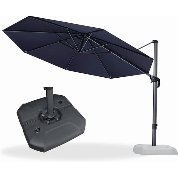 PURPLE LEAF 11 Feet Patio Round Cantilever Umbrella with Base Outdoor Aluminum Offset Umbrella with 360-degree Rotation for Pool Patio Garden Deck Navy Blue