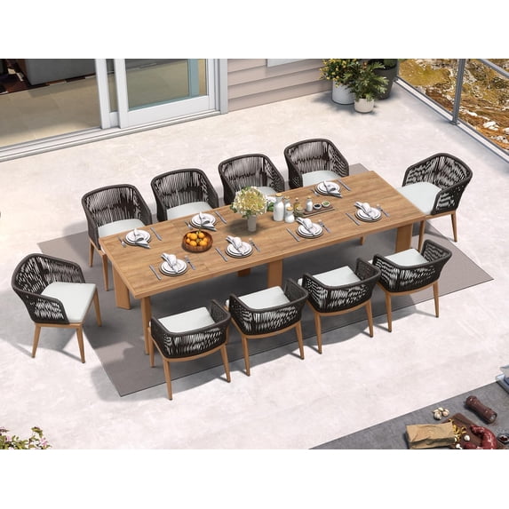 PURPLE LEAF 11-Piece Patio Dining Set, Aluminum Outdoor Table And 10 Wicker Chairs With Sunbrella Cushions For Lawn, Garden, Porch, Teak
