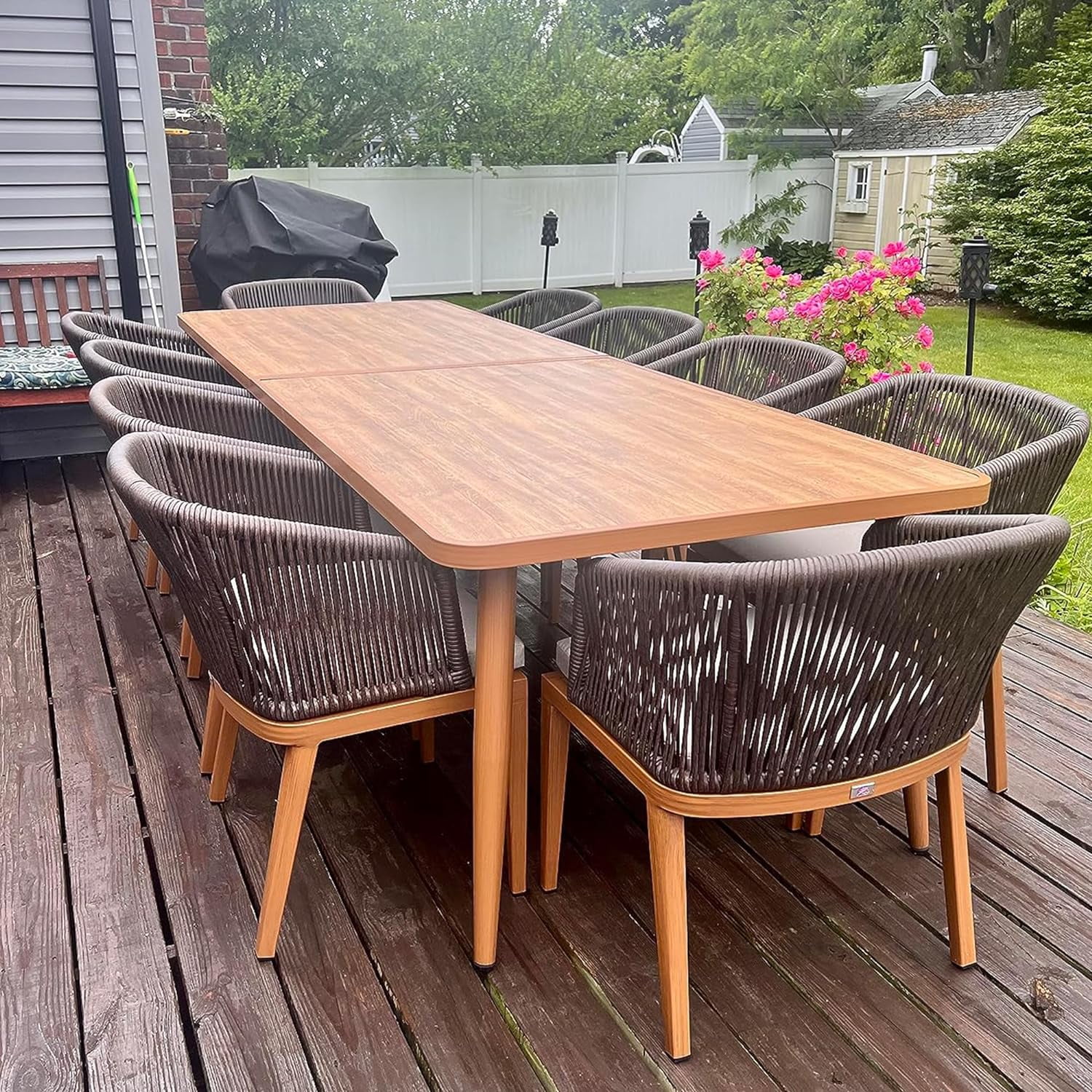 PURPLE LEAF 11 Pieces Patio Dining Set All Weather Outdoor Metal Aluminum Rattan Furniture Set Teak Dining Table and Wicker Chairs with Cushions for