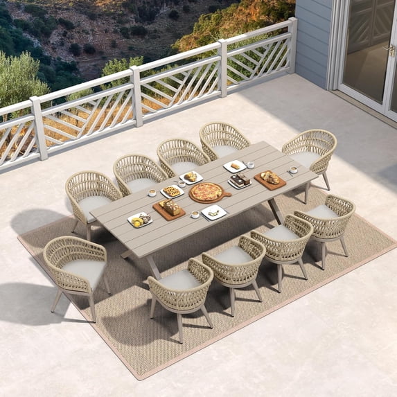PURPLE LEAF 11 Pieces Patio Dining Set, Rectangular Aluminum Outdoor Table and 10 Wicker Chairs with Cushions for Garden Kitchen and Porch, Champagne