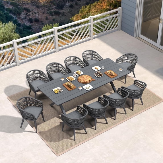 PURPLE LEAF 11 Pieces Patio Dining Set, Rectangular Aluminum Outdoor Table and 10 Wicker Chairs with Cushions for Garden Kitchen and Porch, Grey