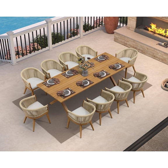 PURPLE LEAF 11 Pieces Patio Dining Set, Rectangular Aluminum Outdoor Table and 10 Wicker Chairs with Cushions for Garden Kitchen and Porch, Teak