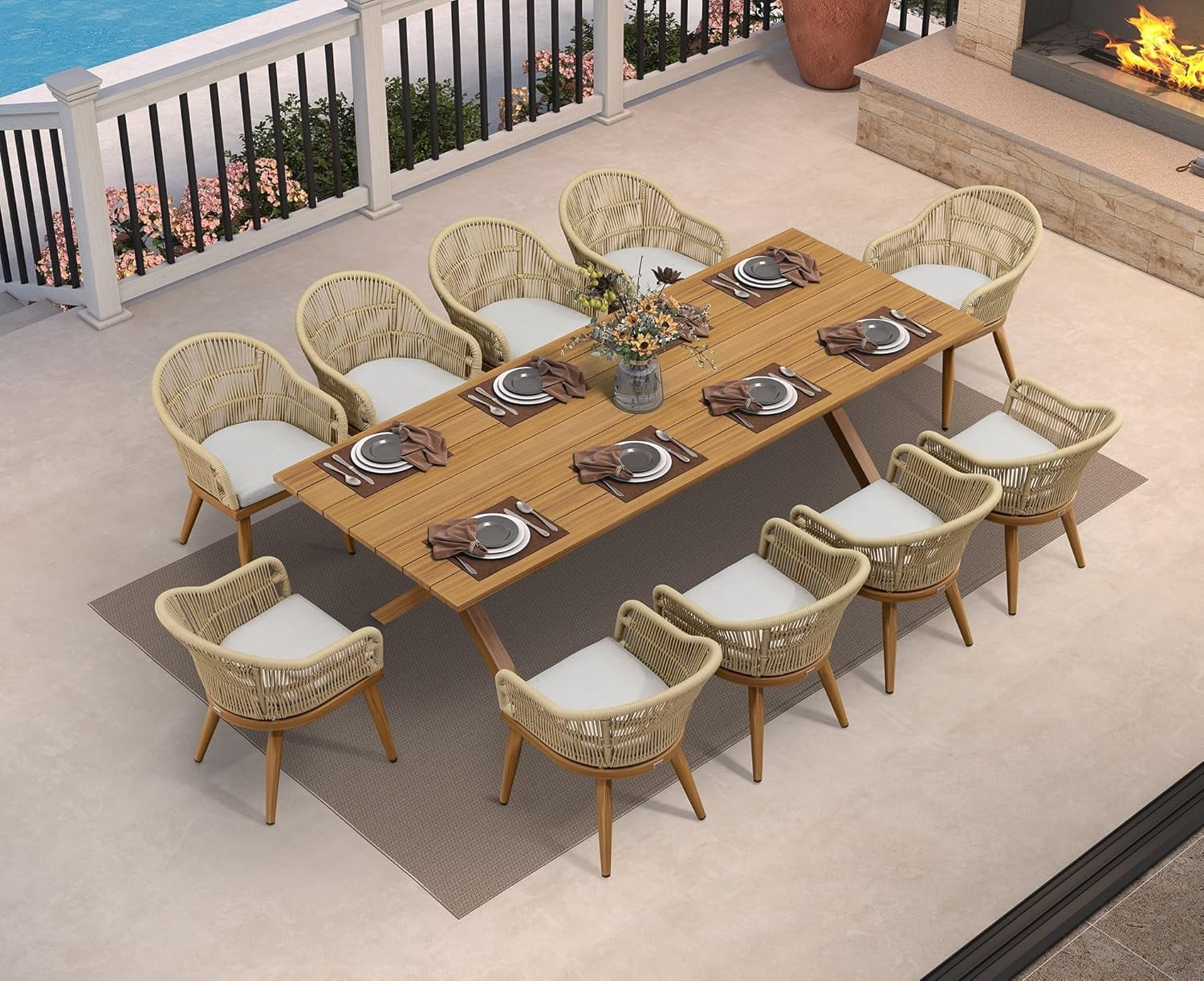 PURPLE LEAF 11 Pieces Patio Dining Set, Rectangular Aluminum Outdoor Table and 10 Wicker Chairs with Cushions for Garden Kitchen and Porch,Teak
