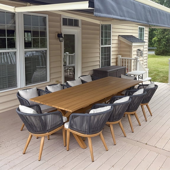 PURPLE LEAF 11 Pieces Patio Dining Set, Rectangular Aluminum Outdoor Table and 10 Wicker Chairs with Cushions for Garden Kitchen and Porch, Teak