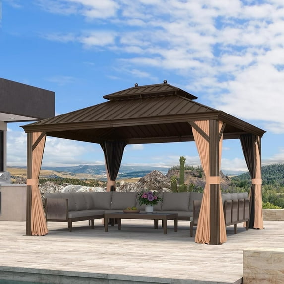 PURPLE LEAF 11' X 13' Outdoor Hardtop Gazebo Patio Wide Aluminum Frame Metal Double Roof with Heavy Duty Netting and Curtains for Permanent Hard Top Pavilion Screen, Khaki