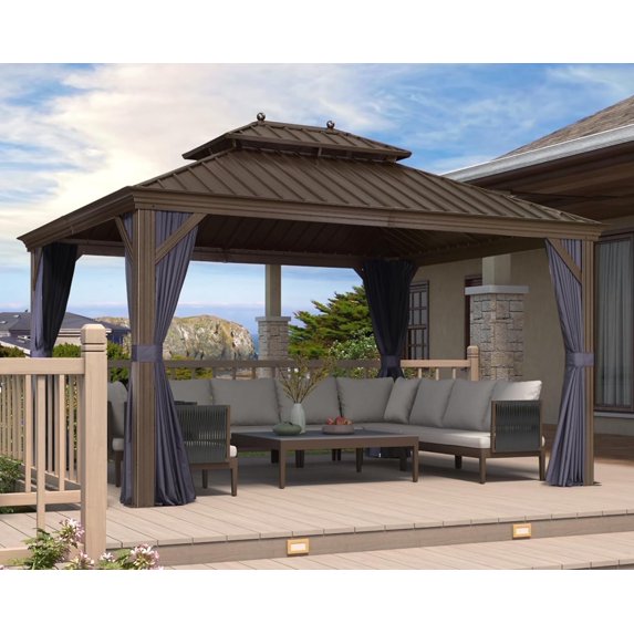 PURPLE LEAF 11' X 13' Outdoor Hardtop Gazebo Patio Wide Aluminum Frame Metal Double Roof with Heavy Duty Netting and Curtains for Permanent Hard Top Pavilion Screen, Navy Blue