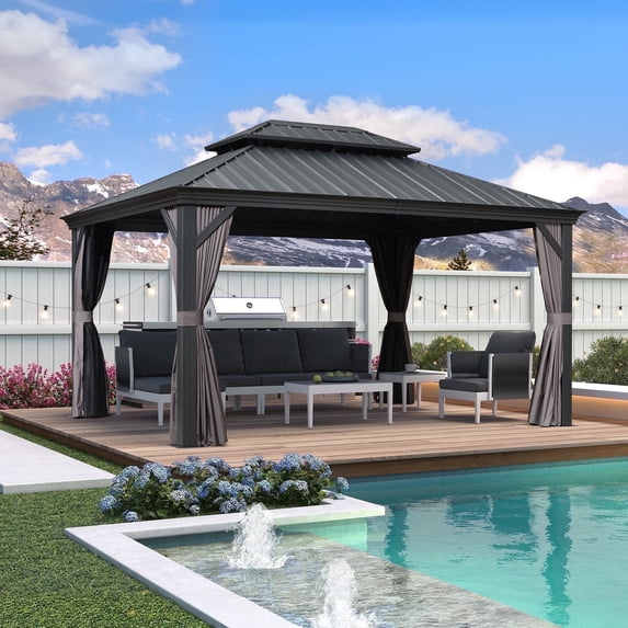 PURPLE LEAF 11' X 14' Permanent Hardtop Aluminum Frame Gazebo with Galvanized Steel Double Roof for Patio Lawn and Garden, Curtains and Netting Included, Grey
