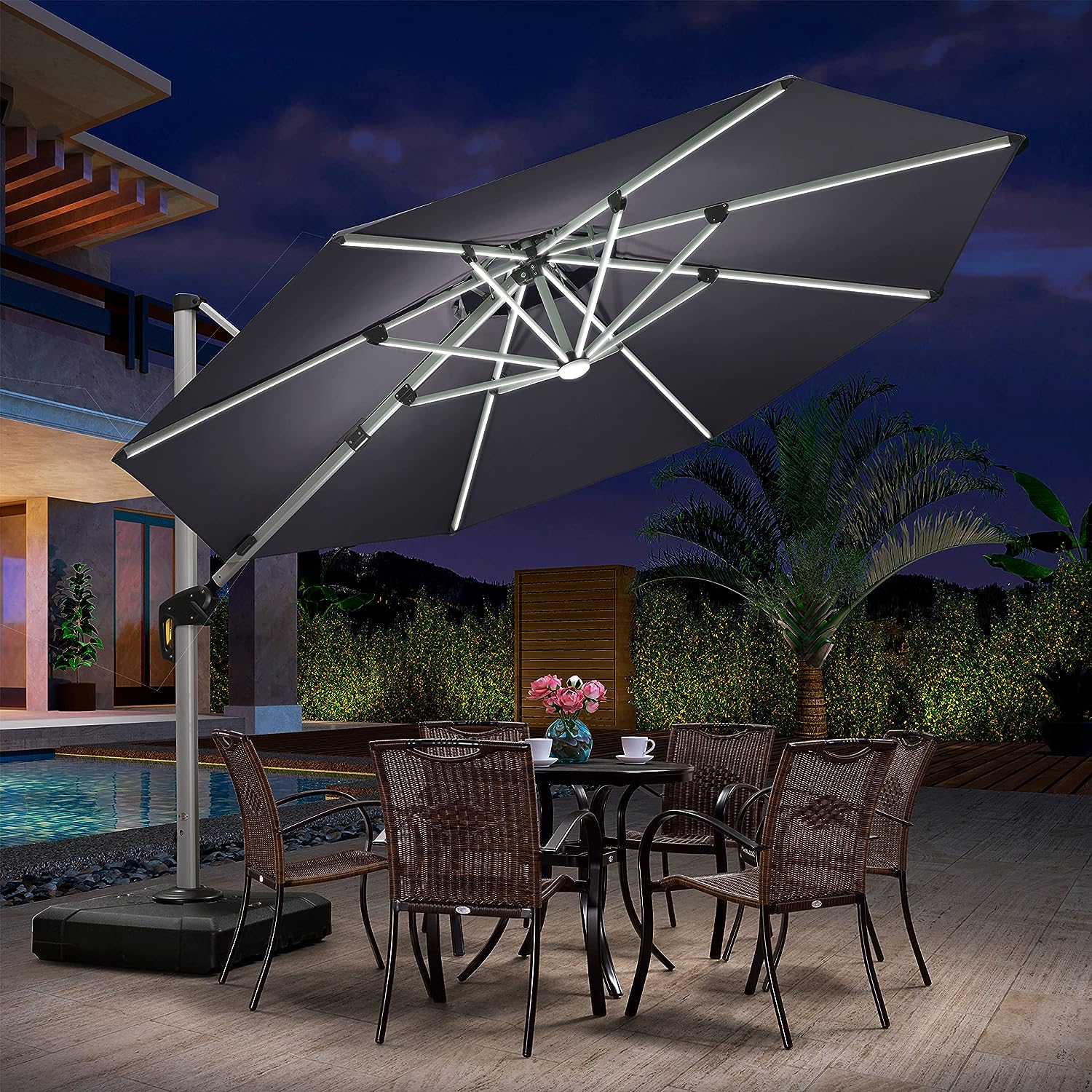 PURPLE LEAF 11 ft. Solar powered LED Patio Umbrella Outdoor Round Large  Cantilever Umbrella Heavy Duty Sun Umbrella in Black - Walmart.com