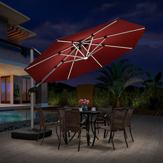 PURPLE LEAF 11FT Deluxe Round Solar Powered LED Patio Umbrella, Large Offset Cantilever Umbrella with 360° Rotation, Terra