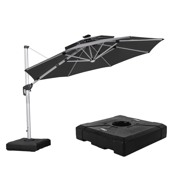 PURPLE LEAF 11FT Deluxe Round Solar Powered LED Patio Umbrella with Base, Large Offset Cantilever Umbrella with 360° Rotation, Gray
