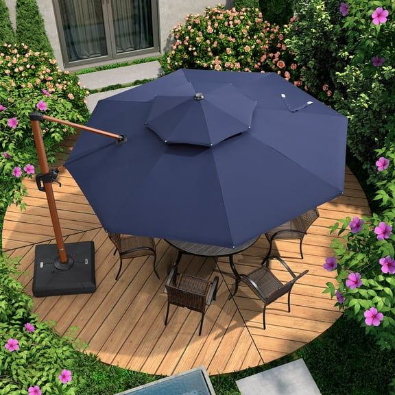 PURPLE LEAF 11FT Deluxe Round Wood Grain Patio Umbrella, Large Offset Cantilever Umbrella with 360° Rotation, Navy Blue