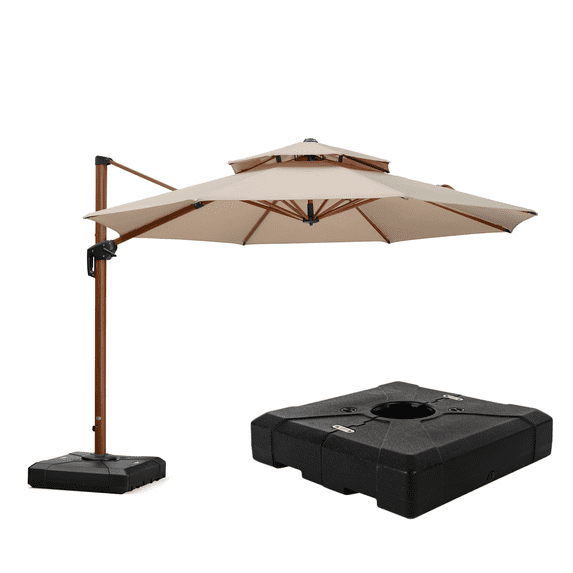 PURPLE LEAF 11FT Deluxe Round Wood Grain Patio Umbrella with Base, Large Offset Cantilever Umbrella with 360° Rotation, Beige
