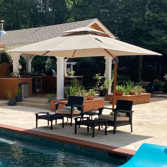 PURPLE LEAF 11FT Deluxe Square Wood Grain Patio Umbrella, Large Offset Cantilever Umbrella with 360° Rotation, Beige