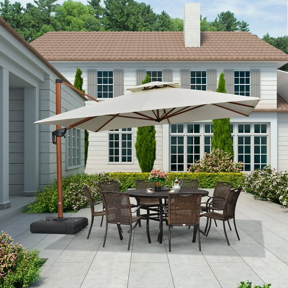 PURPLE LEAF 11FT Deluxe Square Wood Grain Patio Umbrella, Large Offset Cantilever Umbrella with 360° Rotation, Cream