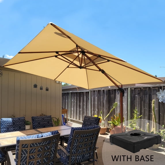 PURPLE LEAF 11FT Deluxe Square Wood Grain Patio Umbrella with Base, Large Offset Cantilever Umbrella with 360° Rotation, Beige
