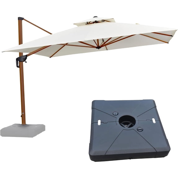PURPLE LEAF 11FT Deluxe Square Wood Grain Patio Umbrella with Base, Large Offset Cantilever Umbrella with 360° Rotation, Cream