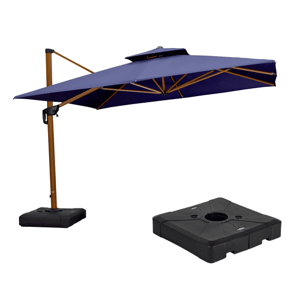 PURPLE LEAF 11FT Deluxe Square Wood Grain Patio Umbrella with Base, Large Offset Cantilever Umbrella with 360° Rotation, Navy Blue