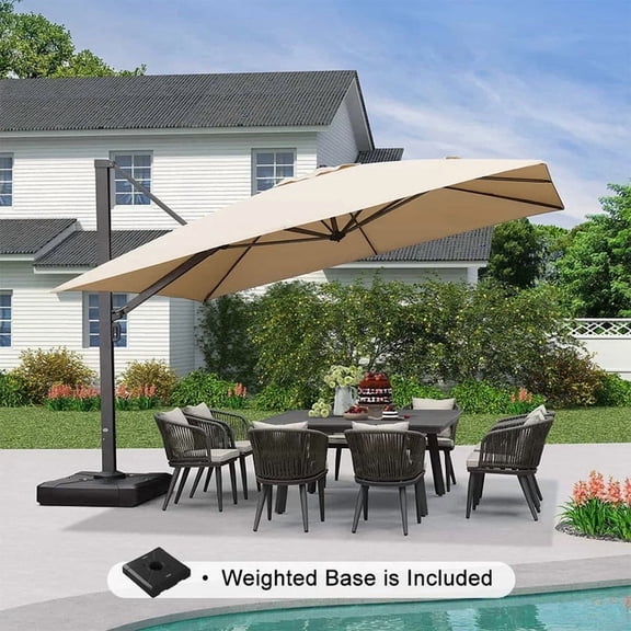 PURPLE LEAF 12 FT Square Patio Umbrella with Base Large Offset Hanging Outdoor Cantilever Umbrella Included Base for Garden Deck Backyard Pool Beige