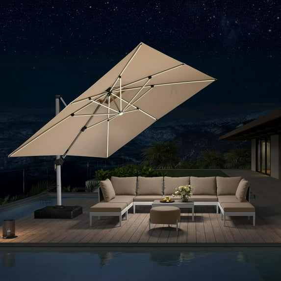 PURPLE LEAF 12 Feet Double Top Deluxe Solar Powered LED Patio Umbrella Outdoor Cantilever Umbrella Square Offset Hanging Umbrella, Beige