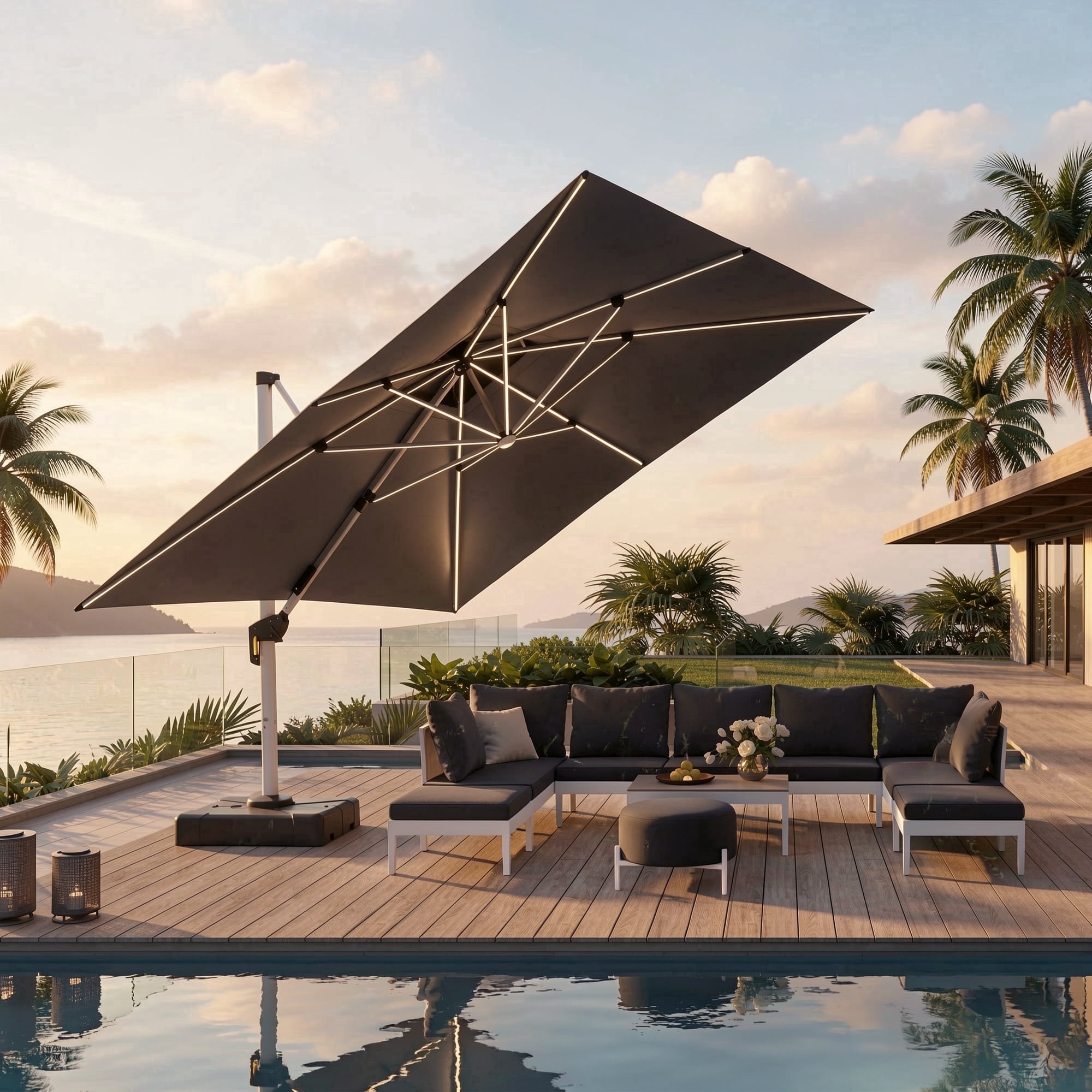 PURPLE LEAF 12 Feet LED Umbrella with Base Cantilever Umbrellas Large Umbrella Outdoor Umbrellas Offset Umbrellas Square Patio Umbrella for Pool, Gray
