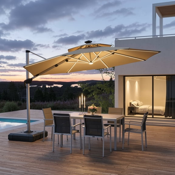 PURPLE LEAF 12 Feet Round Cantilever Umbrella with Base and Lights Patio Umbrellas Large Umbrella Outdoor Umbrellas Pool Umbrella Offset Umbrellas, Beige