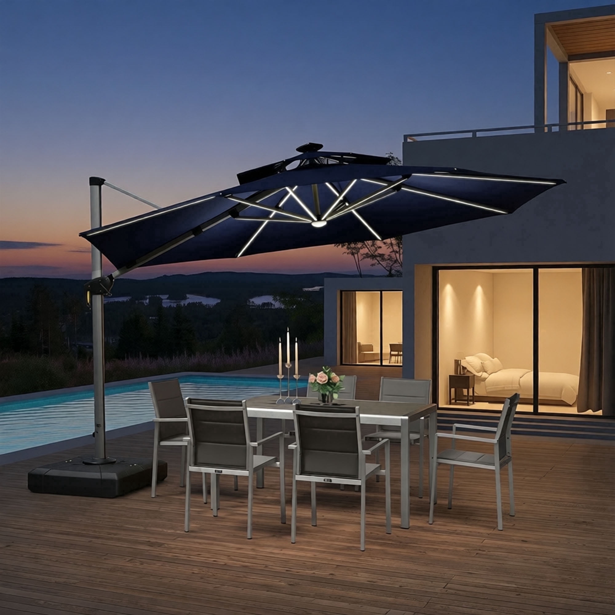 PURPLE LEAF 12 Feet Umbrella with Base and Light Round Cantilever Umbrellas Large Umbrella Outdoor Umbrellas Offset Umbrellas Patio Umbrella, Navy Blue