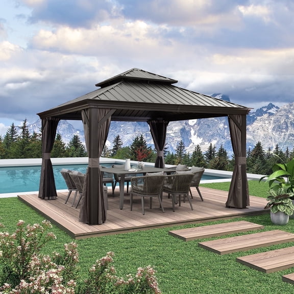 PURPLE LEAF 12' X 12' Hardtop Gazebo Aluminum Frame Gazebo with Galvanized Steel Double Roof for Patio Lawn and Garden, Curtains and Netting Included, Grey