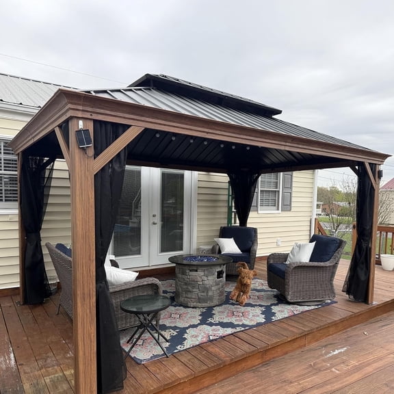PURPLE LEAF 12' X 14' Outdoor Hardtop Gazebo for Patio Galvanized Steel Double Roof Permanent Canopy Teak Finish Coated Aluminum Frame Pavilion Gazebo with Netting