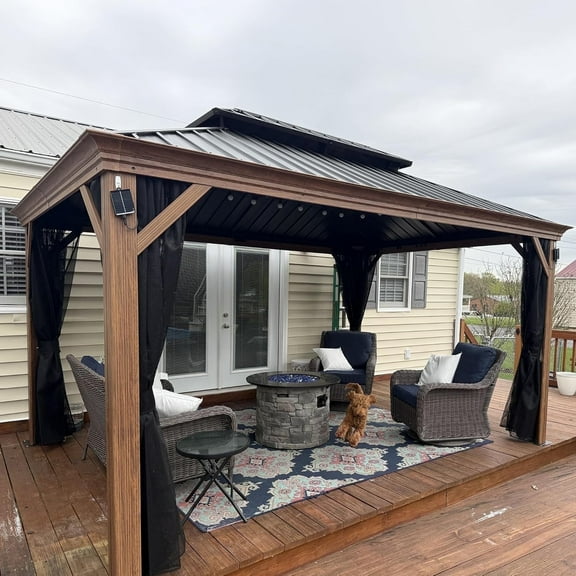 PURPLE LEAF 12' X 14' Outdoor Hardtop Gazebo for Patio Galvanized Steel Double Roof Permanent Canopy Teak Finish Coated Aluminum Frame Pavilion Gazebo with Netting