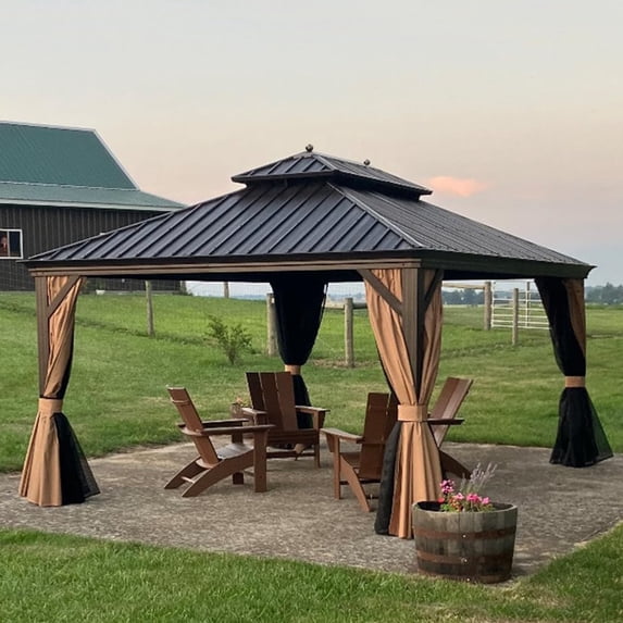 PURPLE LEAF 12' X 14' Outdoor Hardtop Gazebo Patio Wide Aluminum Frame Metal Double Roof with Heavy Duty Netting and Curtains for Permanent Hard Top Pavilion Screen, Khaki
