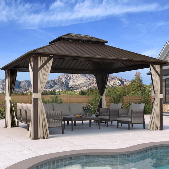 PURPLE LEAF 12’ X 14’ Outdoor Patio Hardtop Gazebo Metal Frame Galvanized Steel Double Roof with Nettings for Backyard Desk Bronze