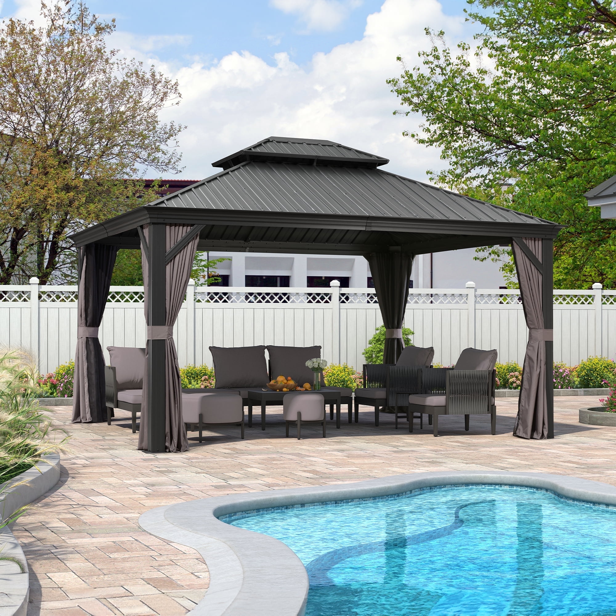 12' x 14' Gray Aluminum and Steel Hardtop Gazebo with Curtains