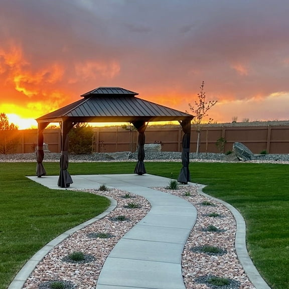 PURPLE LEAF 12' X 14' Permanent Hardtop Gazebo Aluminum Frame Gazebo with Galvanized Steel Double Roof for Patio Lawn and Garden, Curtains and Netting Included, Grey