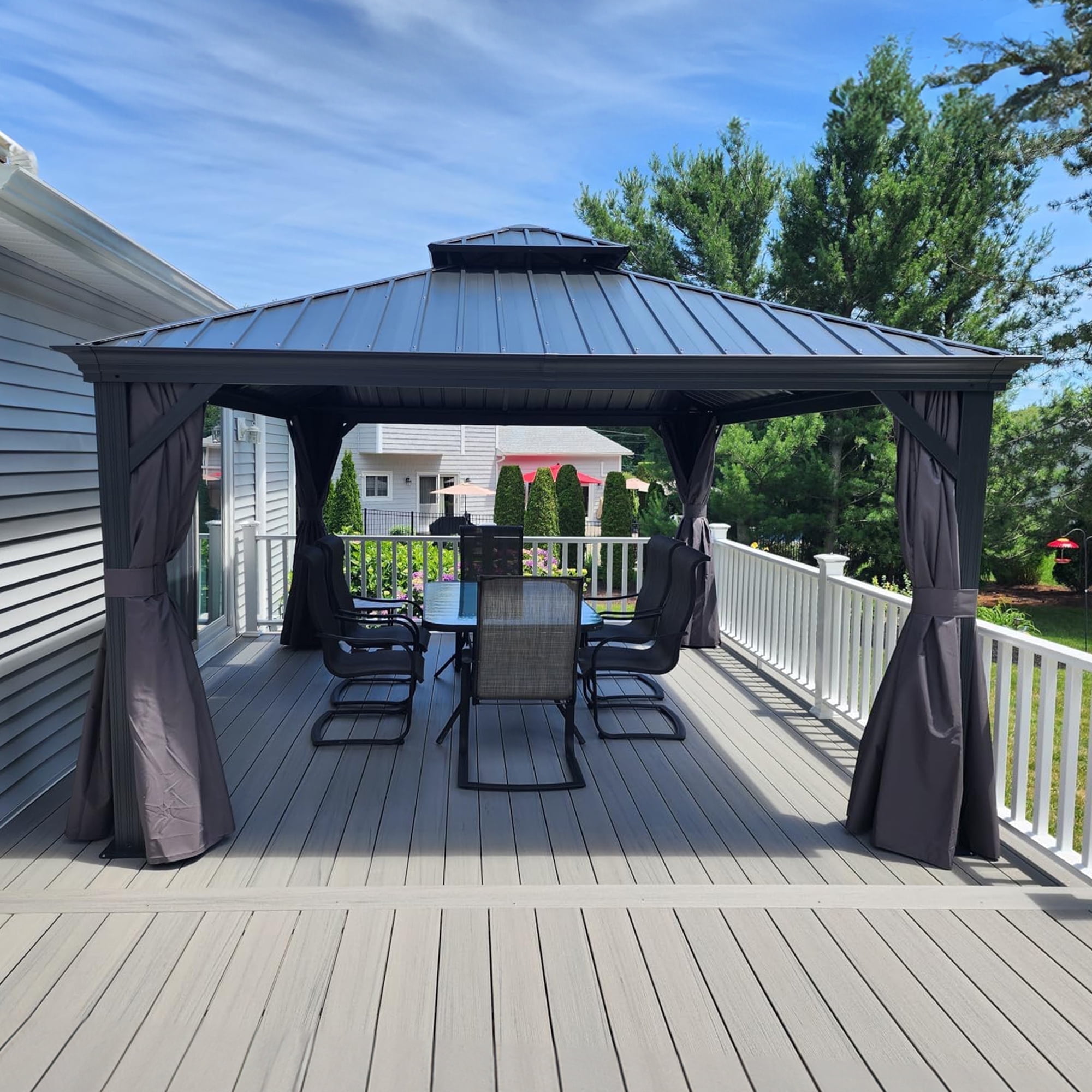 12' x 14' Gray Aluminum and Steel Hardtop Gazebo with Curtains