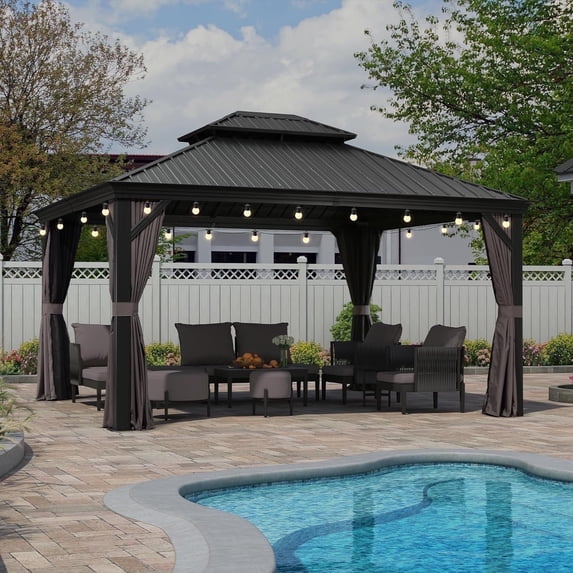PURPLE LEAF 12' X 14' Permanent Hardtop Gazebo Aluminum Frame Gazebo with Galvanized Steel Double Roof for Patio Lawn and Garden, Light Included, Grey