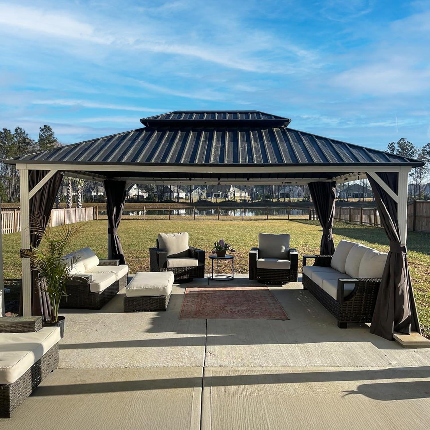 PURPLE LEAF 12' X 16' Hardtop Gazebo Outdoor Metal Double Roof Grill Gazebo White Aluminum Frame Pavilion with Curtain and Netting for Patio, Garden and Backyard, Grey