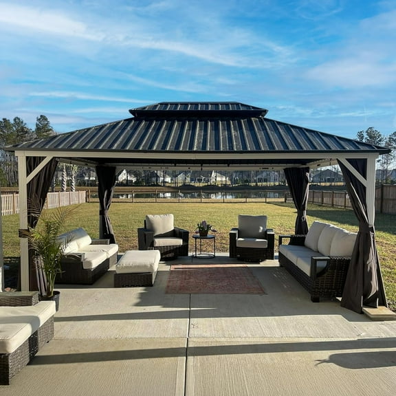 PURPLE LEAF 12' X 16' Hardtop Gazebo Outdoor Metal Double Roof Grill Gazebo White Aluminum Frame Pavilion with Curtain and Netting for Patio, Garden and Backyard, Grey