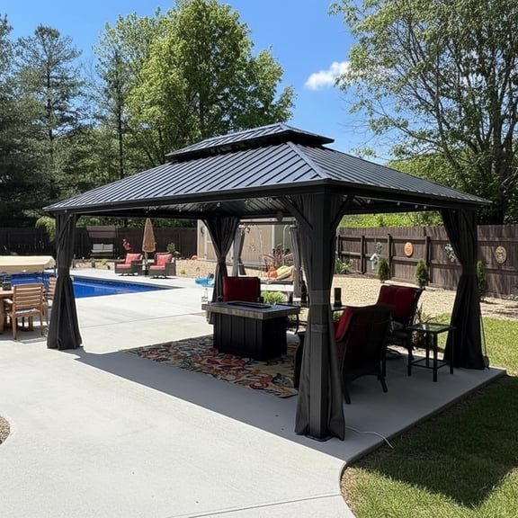 PURPLE LEAF 12' X 16' Hardtop Gazebo Patio Hardtop Gazebo with Heavy Duty Galvanized Steel Double Roof for Patio Lawn Garden, Grey