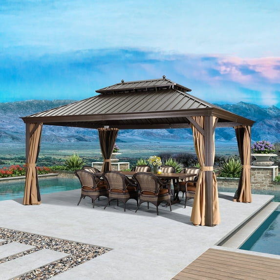 PURPLE LEAF 12' X 16' Outdoor Hardtop Gazebo Patio Wide Aluminum Frame Metal Double Roof with Heavy Duty Netting and Curtains for Permanent Hard Top Pavilion Screen, Khaki