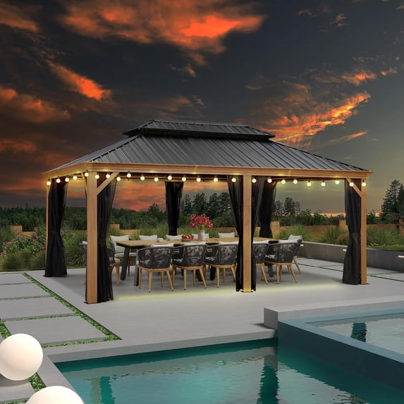 PURPLE LEAF 12' X 18' Outdoor Hardtop Gazebo for Patio Galvanized Steel Double Roof Permanent Canopy Teak Finish Coated Aluminum Frame Pavilion Gazebo with Light