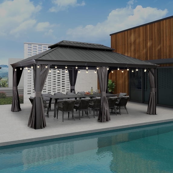 PURPLE LEAF 12' X 18' Permanent Hardtop Gazebo Aluminum Frame Gazebo with Galvanized Steel Double Roof for Patio Lawn and Garden, Light Included, Grey