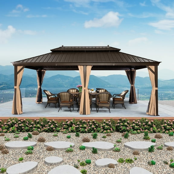 PURPLE LEAF 12' X 20' Outdoor Hardtop Gazebo Patio Wide Aluminum Frame Metal Double Roof with Heavy Duty Netting and Curtains for Permanent Hard Top Pavilion Screen, Khaki