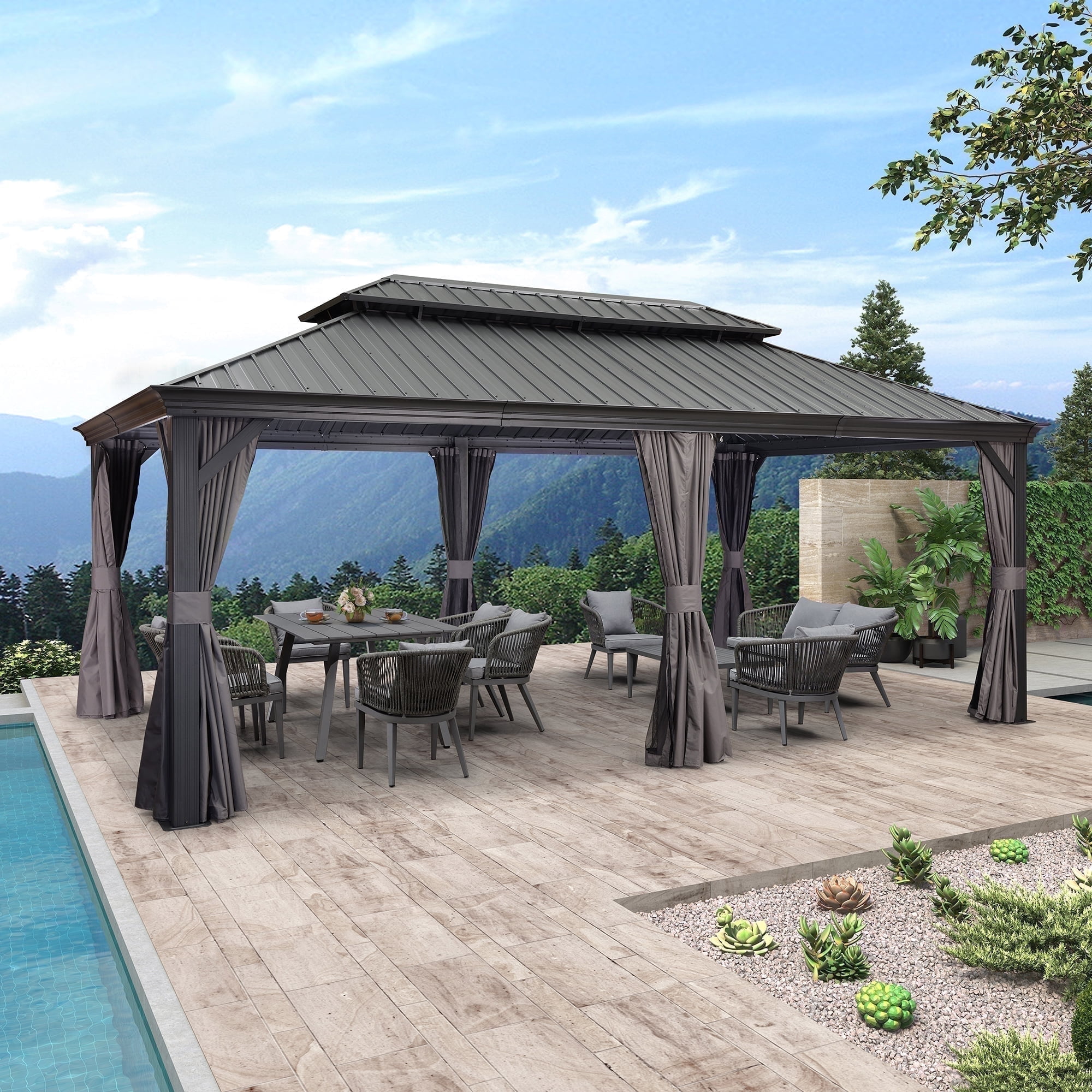 PURPLE LEAF 12' X 20' Permanent Hardtop Gazebo Aluminum Frame Gazebo with Galvanized Steel Double Roof for Patio Lawn and Garden, Curtains and Netting Included, Grey