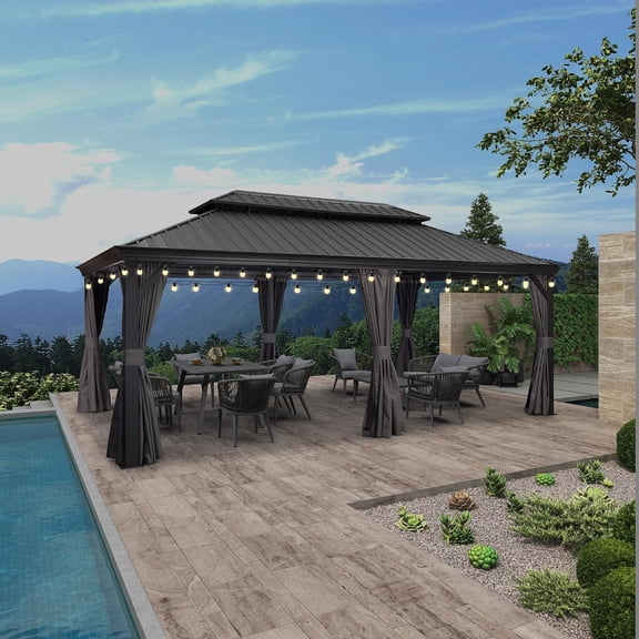 PURPLE LEAF 12' X 20' Permanent Hardtop Gazebo Aluminum Frame Gazebo with Galvanized Steel Double Roof for Patio Lawn and Garden, Light Included, Grey