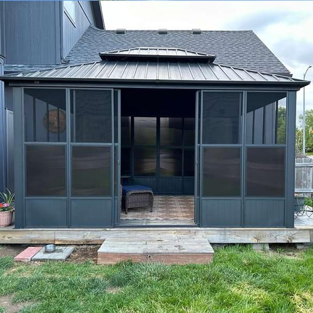 [12X14FT] Alora Serenity Premium All-Weather Outdoor Aluminum Sunroom With Galvanized Steel Hardtop Sloping Roof, Lockable Doors, And Moveable PC Screens (SAK76831)