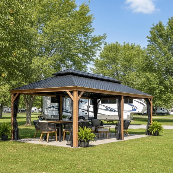 PURPLE LEAF 12 X 24 Outdoor Hardtop Gazebo Patio Galvanized Steel Double Roof Permanent Canopy Teak Finish Coated Aluminum Frame Pavilion Netting