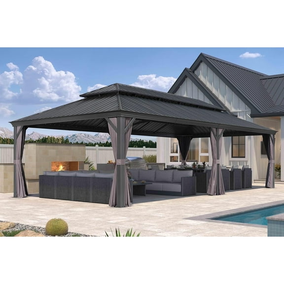 PURPLE LEAF 12' X 26' Hardtop Gazebo Aluminum Gazebo with Galvanized Steel Double Roof for Patio Lawn and Garden, Curtains and Netting Included Grey