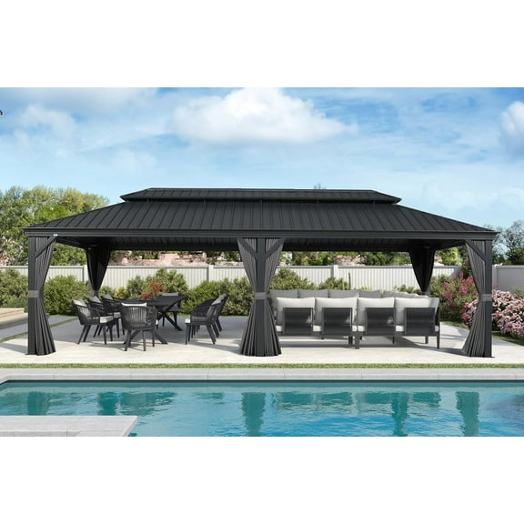 PURPLE LEAF 12' X 28' Large Hardtop Gazebo Aluminum Gazebo with Galvanized Steel Double Roof for Patio Lawn and Garden, Curtains and Netting Included Grey