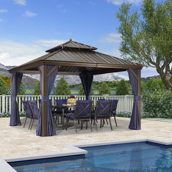 PURPLE LEAF 12' x 12' Hardtop Gazebo Galvanized Steel Roof Aluminum Frame Metal Gazebo Sun Shade Tent Outdoor Patio Permanent Pavilion with Curtains and Netting, Navy Blue