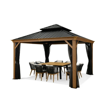 PURPLE LEAF 12' x 12' Outdoor Hardtop Gazebo, Galvanized Steel Double Roof Permanent Canopy Teak Finish Coated Aluminum Frame with Netting